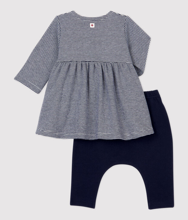 Vestido con leggings a rayas de beb&eacute; de ni&ntilde;a de tejido t&uacute;bico de algod&oacute;n org&aacute;nico azul/blanco